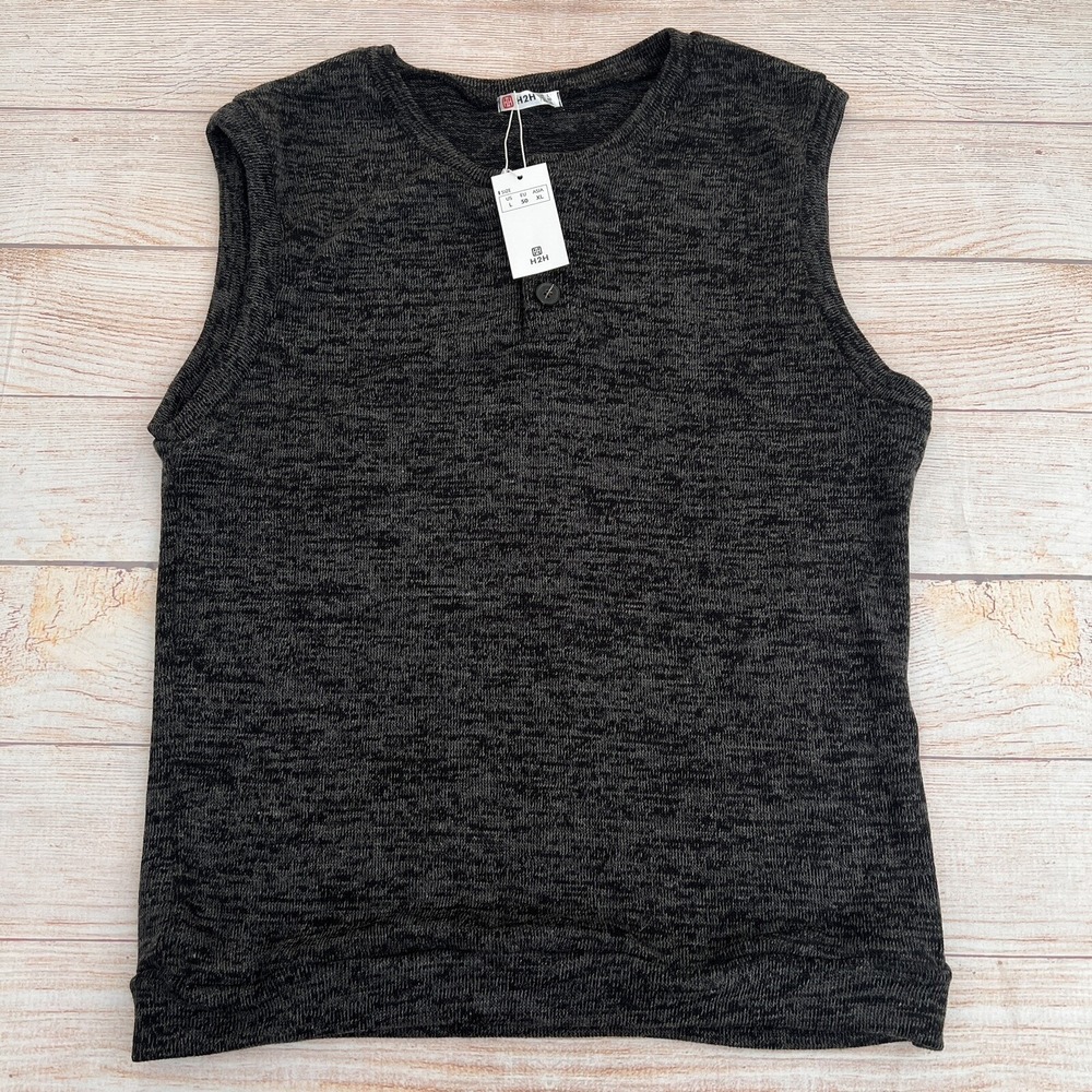 H2H Mens Size L Knit Sleeveless Sweater Henley Pullover Dark Gray Casual
